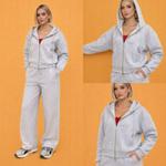 Элитный оверсайз костюм с двойной молнией и капюшоном в оттенке Snow Melange