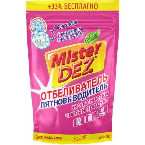 Mister Dez Eco-Cleaning Отбеливатель-пятновыводитель с активным кислородом, 800 г
Средство специально разработано для эффективного удаления самых сложных пятен и стойких загрязнений, а также для безупречного отбеливания тусклых и пожелтевших вещей. Подходит для ручной и машинной стирки.

•	Удаляет пятна широкого спектра: вино, кофе, кровь, жирные соусы, въевшаяся грязь, следы от травы, ягод.
•	Подходит для любых белых, цветных, деликатных тканей, а также для детского белья.
•	Не содержит хлор.
•	Эффективен уже при +40 °C.
•	Сохраняет цвет и не повреждает волокна ткани.
•	Устраняет неприятные запахи, обладает дезинфицирующими свойствами.
•	Гранулированная форма не пылит и не раздражает слизистую носа при вдыхании.