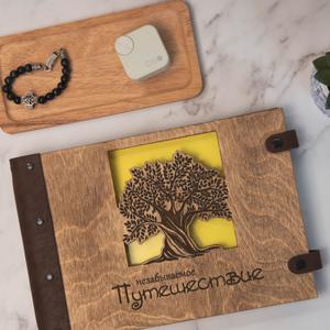 Фотоальбом с деревянной обложкой и кожаным корешком