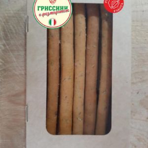 Гриссини с розмарином. Упаковка  Нетто 100 гр. .Состав: мука пшеничная первого сорта, масло оливковое экстра вирджин, розмарин, сахар, дрожжи, соль поваренная пищевая.