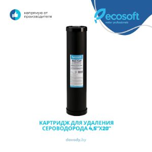 Представляем вам эксклюзивый продукт - картридж Ecosoft для удаления из воды сероводорода.

Внутри картриджа для удаления сероводорода Ecosoft 4,5&#34;х20&#34; находится битуминозный гранулированный активированный уголь с каталитическими свойствами Centaur.
Картридж удаляет из скважинной воды сероводород, задерживает органические вещества, в том числе нефтепродукты и пестициды, корректирует цвет и запах воды.
Подходит к фильтрам других производителей со стандартным типоразмером 4,5&#34;х20&#34;.

Пользователи
Владельцы небольших коттеджей, которые используют артезианскую воду с содержанием сероводорода. Картридж устанавливается в колбу типа BB20.

Основные преимущества
вода без неприятного запаха сероводорода;
честный ресурс — 30 000 литров;
неизменные эксплуатационные свойства на протяжении всего ресурса;
материал корпуса — чистый европейский пищевой пластик;
подходит к фильтрам других производителей.
Какие изменения произойдут после покупки фильтра?
При своевременной замене картриджа, использование фильтра снизит содержание сероводорода в воде.
Очищенная вода избавится от неприятного запаха.
Во время работы фильтра вода проходит через фильтрующий материал, который удаляет из артезианской воды сероводород, задерживает органические вещества, в том числе нефтепродукты и пестициды, корректирует цвет и запах воды.

Обслуживание

Картридж предназначен для доочистки только холодной артезианской воды.
Ресурс картриджа зависит от качества исходной воды, и может отличаться от приведённых значений.
Не стоит превышать рекомендуемую скорость фильтрации, это может привести к ухудшению качества очистки воды.
Перед использованием картридж необходимо замочить в холодной воде не менее чем на 8 часов.
После установки нового картриджа слейте не менее 10 литров отфильтрованной воды в канализацию.
Для получения чистой воды рекомендуется менять картридж 1 раз в 3 месяца, независимо от объёма отфильтрованной воды.