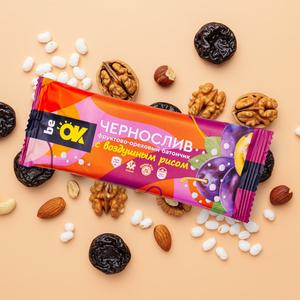 Фруктово-ореховые батончики BeOK ТМ BIO Elite Чернослив с воздушным рисом. Вес 30г.