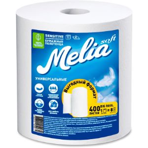 Бумажные полотенца «Melia soft» Универсальные. Из 100% первичной целлюлозы, 400 отрывных листов, влагопрочная, ширина рулона 210 мм., диаметр втулки
