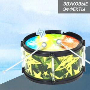 Барабан детский, работаетина батарейках. При игре издает светлые т звуковые эффекты. Поставляется в плотной коробке. Стоимость 130 р.