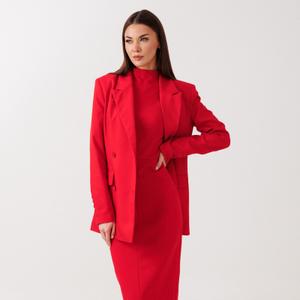 Жакет:  
свободный силуэт  
на подкладке  
рукав втачной, двухшовный; на рукаве петли-пуговицы  
застёжка петли-пуговицы  
двухбортный
карманы по переду с клапаном  
воротник пиджачного типа
Платье миди (ткань джерси):  

приталенный силуэт  
потайная молния по середине спинки  
разрез снизу по спинке  
без рукавов  
горловина-стойка 
Состав: жакет: 65% полиэстер, 32% вискоза, 3% спандекс платье: 65% вискоза, 30% нейлон, 5% эластан
Размерный ряд 42-46