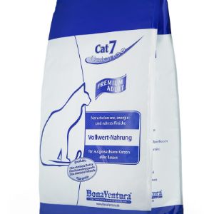 BonaVentura Cat 7 Premium Adult
Сухой корм для взрослых кошек с рыбой, говядиной и птицей

Состав (на основе свежих продуктов): мясо и мясные субпродукты (печень, сердце, рубец) говядины и птицы 35%, свежая рыба (семга и форель) 25%, цельные зерна (пшеница и рис) 20%, птичий жир, фрукто-олигосахариды, лецитин из натурального яичного желтка, смесь трав (корень гапрафумина, одуванчик, эхинацея пурпурная, хвощ лесной, листья окопника, огуречник), таурин, витамины и минералы
Пищевая ценность: Протеин 32,1%, Жир 11,7%, Клетчатка 1,6%, Зола 6,5%, Влажность 8,8%, Кальций 1,5%, Фосфор 0,9%, Витамин B1 9,7мг/кг, Витамин B2 35,0 мг/кг, Витамин B6 19,8мг/кг, Витамин B12 170мкг/кг, Биотин 300мкг/кг , Таурин 500мг/кг
