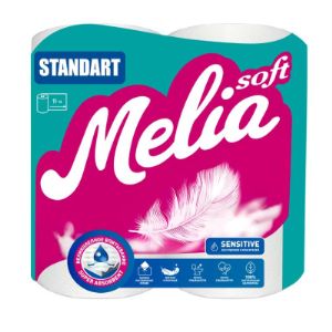 Туалетная бумага «Melia soft» Standart. Из 100% первичной целлюлозы, 2 слоя, с тиснением и перыорацией, 19 метров, 4 рулона в упаковке.