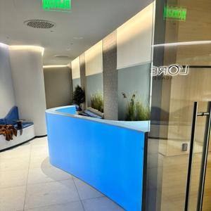 Для L’Oreal Academy мы изготовили ресепшен с плавными изгибами и интегрированной подсветкой. Конструкция выполнена из искусственного камня с применением полупрозрачных материалов, что придало стойке лёгкость и современный характер