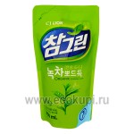 Корейское средство для мытья посуды овощей и фруктов зеленый чай CJ LION Chamgreen Green Tea 800 мл запасной блок