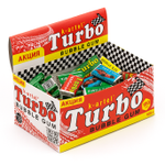 Жевательная резинка TURBO ассорти со вкусами дыни, апельсина, персика и яблока с наклейкой 4,5 г (блок 100 шт)