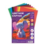 Картон цветной двусторонний А4, 8 листов, 8 цветов “Слон и тигр”, немелованный, 220 г/м2, в пленке