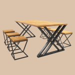 Обеденный стол лофт с X-образным каркасом и табуретами