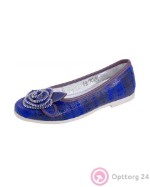 Туфли школьные для девочки из натуральной кожи синего цвета с цветком