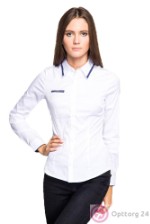 Женская блузка белого цвета с синей окантовкой на воротнике.