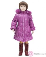 Пальто для девочки фиолетовое со стяжками и натуральной опушкой