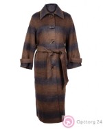 Пальто женское с поясом и накладными карманами тёмно-коричневое