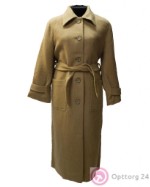 Пальто женское с поясом и накладными карманами светло-коричневое