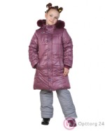 Пальто детское зимнее с опушкой бордового цвета
