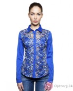 Блузка длинный рукав синяя с цветочным принтом