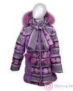 Пальто для девочки с поясом и капюшоном серое с розово-сиреневым орнаментом