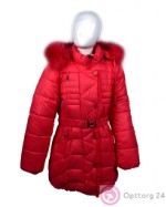 Пальто для девочки с поясом и капюшоном красное