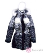 Пальто для девочки с поясом и капюшоном белое с тёмно-синим узором и сиреневыми вставками