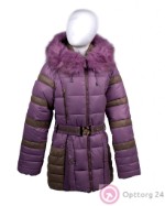 Пальто для девочки с поясом и капюшоном сиреневое с коричневыми вставками