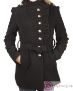 Пальто женское черного цвета с плоскими пугвицами.