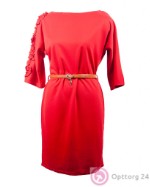 Платье женское с декором и поясом красное