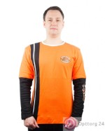 Тонковка мужская оранжевая с черными рукавами и полосой