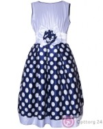 Праздничное платье “ Елена” синего цвета в горошек.