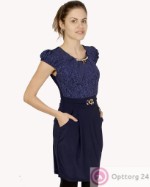 Женское стильное платье синего цвета с вилюровым поясом.