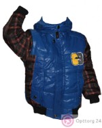 Куртка детская синего цвета с рукавами тёмно-вишнёвого цвета в клетку