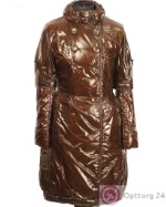 Пальто глянцевое женское  коричневого цвета с поясом и пуговицами.