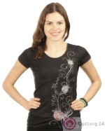 Женская футболка черного цвета с рисунком в виде насекомых.