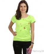 Салатовая женская футболка с принтом в виде  лианы с лепестками.
