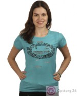 Женская футболка голубого цвета с  рисунком и надписями на груди.