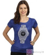 Женская футболка синего цвета с принтом в вид часов