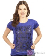 Женская футболка  синего цвета с черным турецким рисунком.