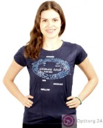 Женская футболка темно-синего цвета с рисунком на передней части и надписями.