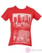 Мужская футболка красного цвета с принтом в виде города.