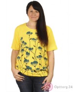 Желтая футболка для женщин с мелким цветком на передней части изделия