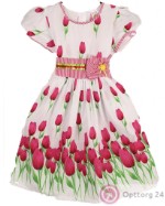 Детское платье  белого цвета с розовыми тюльпанами.