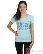Женская футболка голубого цвета с тёмно-синей надписью.
