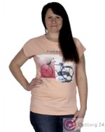 Женская футболка персикового цвета с велосипедом.