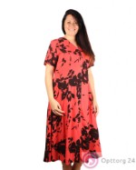 Платье длинное расклешенное красное с черными цветами