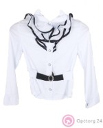 Блузка детская белого цвета с рюшем  с черной окантовкой.