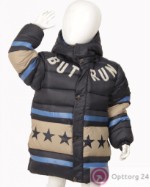Пуховик для мальчика черного цвета с бежевыми и голубыми  вставками.