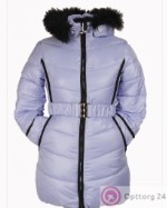 Пальто-пуховик для девочки голубого цвета с мехом на капюшоне
