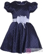 Детское платье В-Атлас темно-синее в белый горошек с бантом